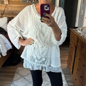 Made in Italy White Bohemian Sweater with Lace Detail size medium.